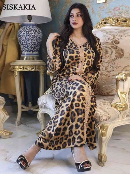 Рамадан Ид Мубарак Jalabiya Leopard Print Maxi платье женщины 2021 кружева лоскутное свободное арабское Оман Дубай мусульманская исламская одежда X0521