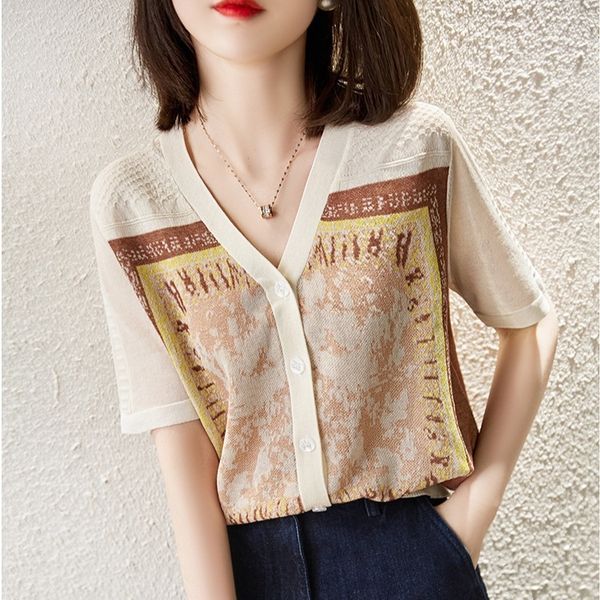 

luxury women's jackets gold jacquard tencel linen sweater women's cardigan short sleeve thin air conditioning et, Black;brown