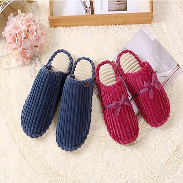 

winter bow corduroy cotton slippers anti-slip wear-resistant warm couples home women's, Black