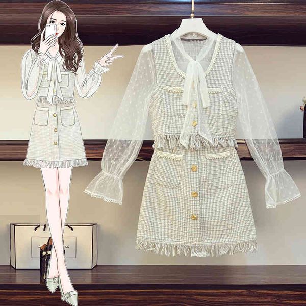 

casual dresses more office size mrs. autumn two pieces put together for the french women of vintage elegant bow collar tweed beads vest skir, Black;gray