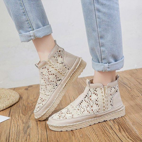 

sandals hollow out women boots flats slip-on solid ankle short boot round toe shoes for thick-soled british style, Black