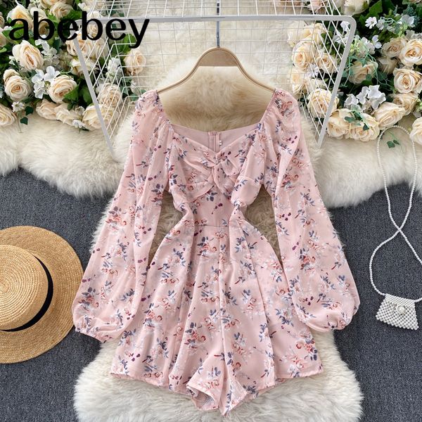 

korean floral jumpsuit women ruched v neck puff sleeve office rompers autumn boho print holiday wide leg short rompers, Black;white