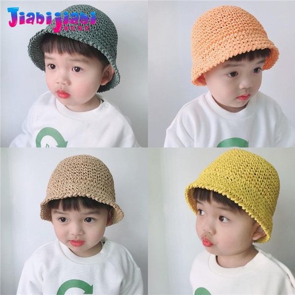 

Panama Summer Straw Hat For Kids Baby Boys Girls Sunshade Bucket Toddler Child Monochrome UV Sun Visor Beach 1-4 Old Wide Brim Hats, Blue;gray