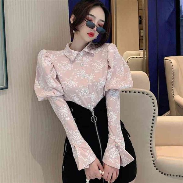 

korean spring women turn down collar puff sleeve flowers jacquard shirt cotton polyester blouse office lady 210519, White