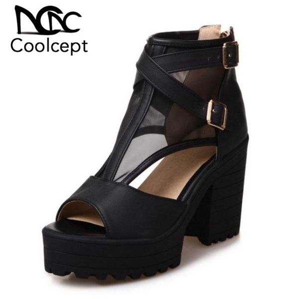 

coolcept fashion women high heel sandals open toe platform zipper summer office lady shoes size 34-43, Black