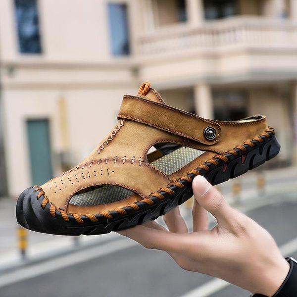 

sandals fashion men 2021 summer casual leather flats shoes big size 38-48 soft comfortable round toe slip on loafers w5, Black