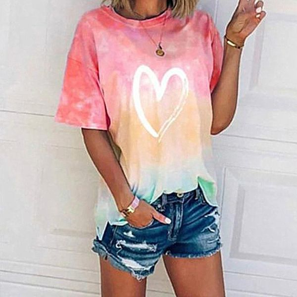 

women's t-shirt tie dye loose summer women t shirt short sleeve o neck harajuku heart print female camisetas ladies tee, White