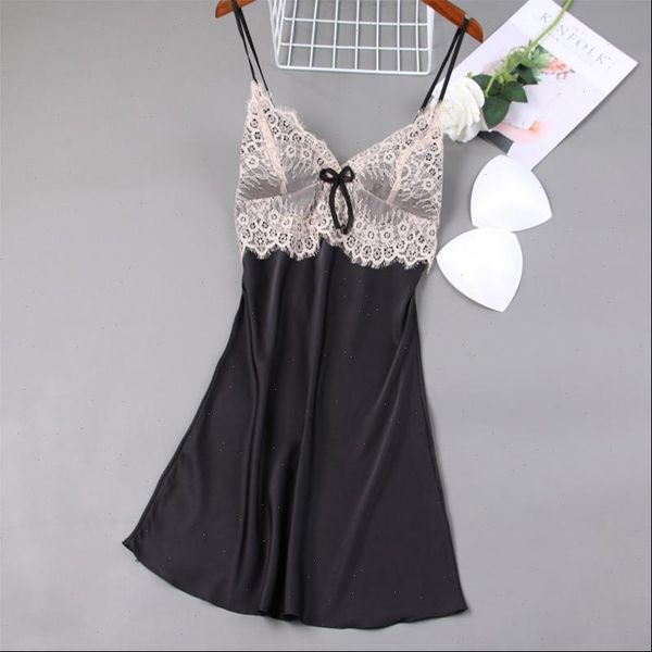 

summer silk satin sleeveless women sleepwear nightgown lace nightdress homewear sleepshirts with chest pads, Black;red