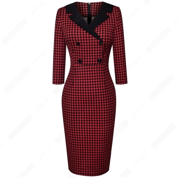 

vintage classic houndstooth charming fashion chic button v neck pencil dress eb570, Black;gray