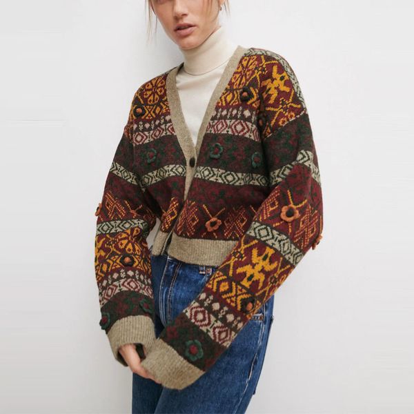 

knits cropped knit jacquard cardigan sweater women long sleeve v neck vintage flower knitted female winter short sweaters, White