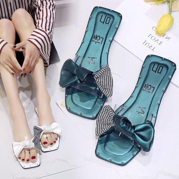 

slippers butterfly-knot crystal shoes woman transparent square toe sweet slides 2021 summer flats femme anti-skid flip flops, Black