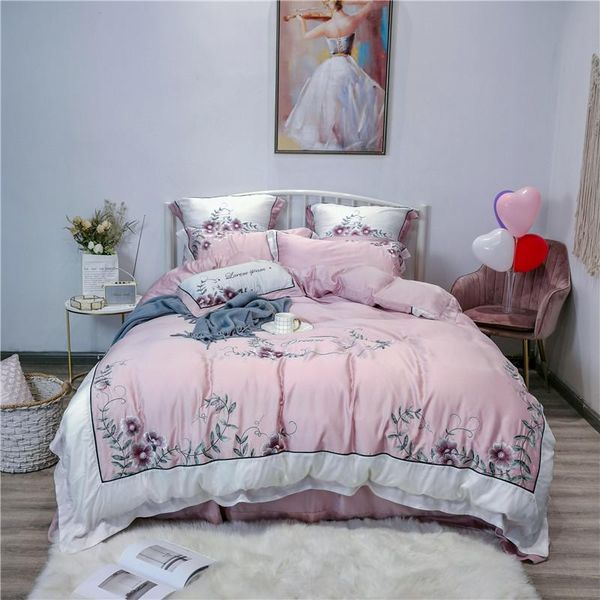 

bedding sets pink white luxury flowers embroidery soft tencel silk linen pillowcases bed duvet cover girl princess set sheet