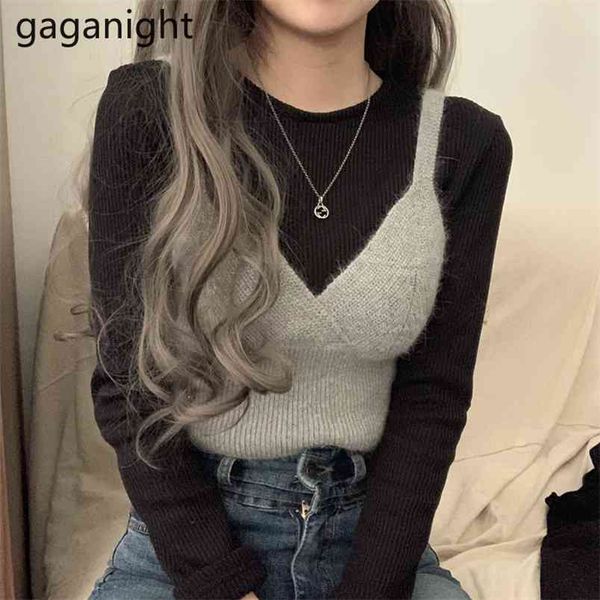 

fashion women two pieces set solid slim knitted pullover crop vest casual lady chic suits outfit korean 2 210601, White