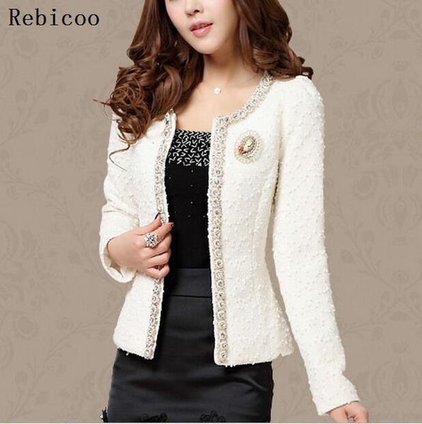 

women's jackets autumn european and american tweed color sequins embroidered pearl decoration fringed short coat, Black;brown