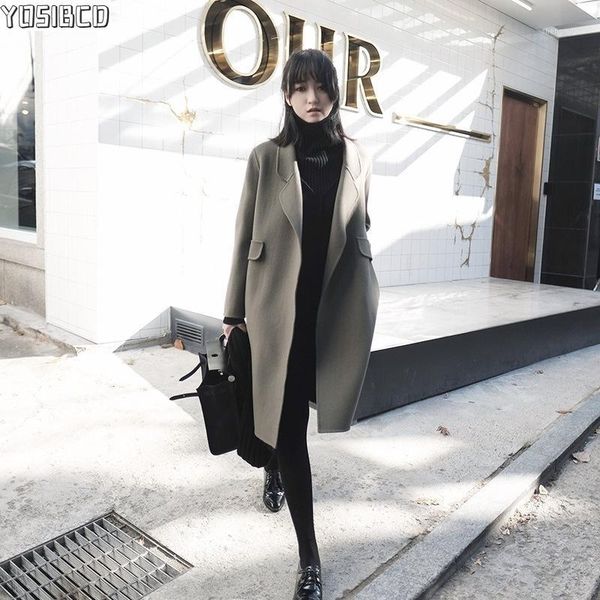 

woolen women coat elegant turn down collar open stitch design warm spring fashion windbreaker casaco feno women's wool & blends, Black