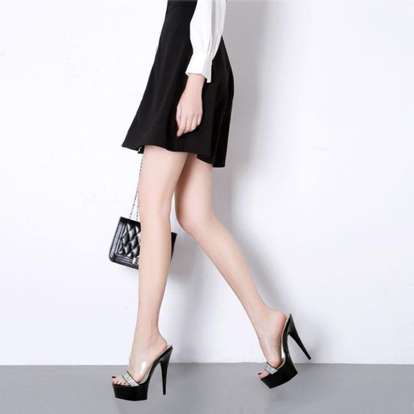

slippers 6 inch rhinestone models dress women stripper heels peep toe concise platform fetish nightclub pole dance shoes, Black