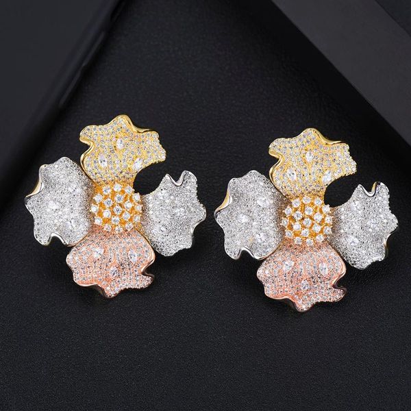 

stud full transparent crystal big flowers earrings for women rhinestone wedding engagement sterling silver luxury earring, Golden;silver