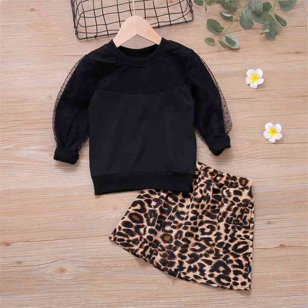 Moda Outono Roupas de Menina Sólida Cor Rodada Pescoço Manga Longa Topo + Leopardo Imprimir Saia Set Children's Roupas Primavera 210515