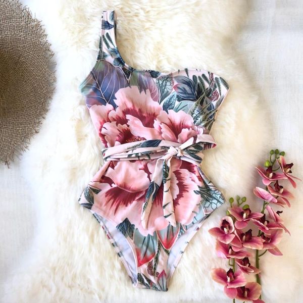 

one-piece suits 2021 one piece swimsuit women swimwear push up monokini print bandage shoulder bathing suit bodysuit beach wear female