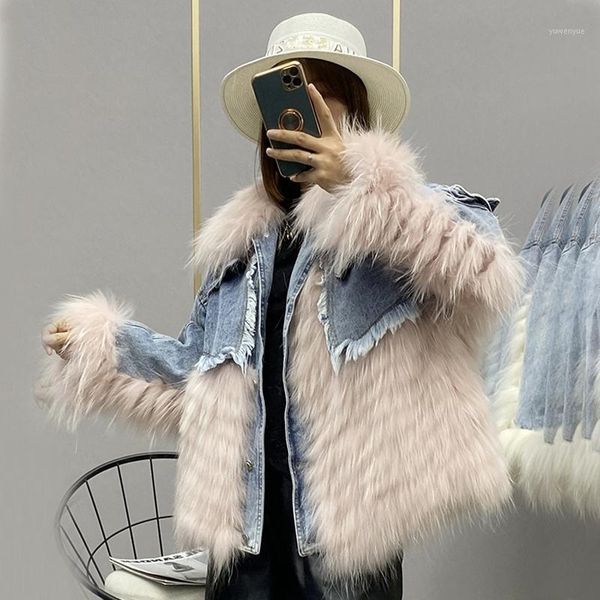 

women's fur & faux 2021winter denim stitching imported raccoon young parka coat mid-length, Black