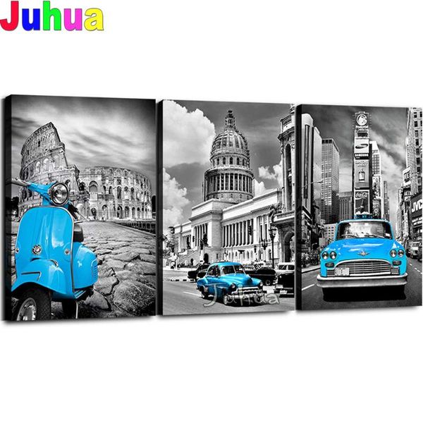 

diamond painting 3 pieces black and white york 5d diy blue car modern europe buildings mosaic simple life art,