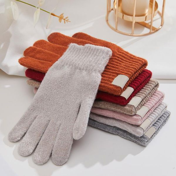 

five fingers gloves women autumn and winter wool knitted korean warm thicken lining full fingered mittens skiing short wrist, Blue;gray