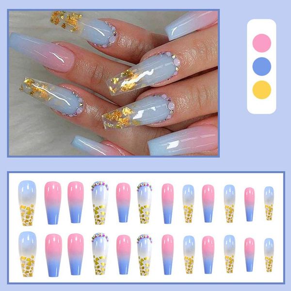 

false nails 24pcs press on coffin rainbow gold leaf with diamond wear long paragraph manicure patch nail save time wearable, Red;gold