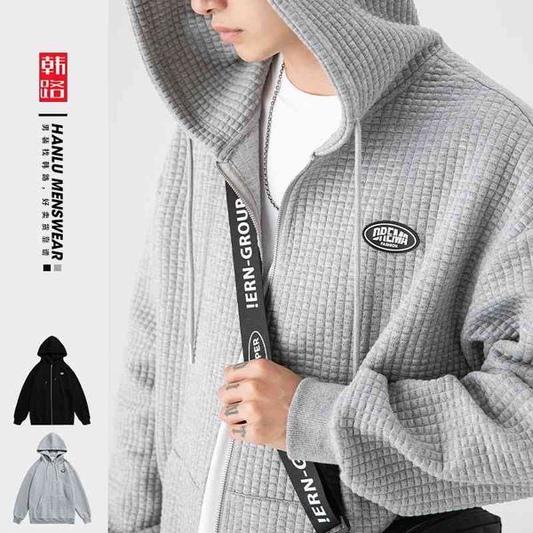 

hanlu menswear 2021 autumn winter new waffle jacket men's simple and versatile cardigan sweater, Black