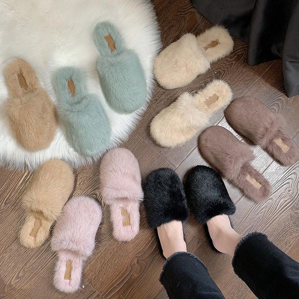 

slippers close toe mules fur woman winter shoes candy color furry brief flats non-slip flip flops comfy casual loafers slides 40, Black