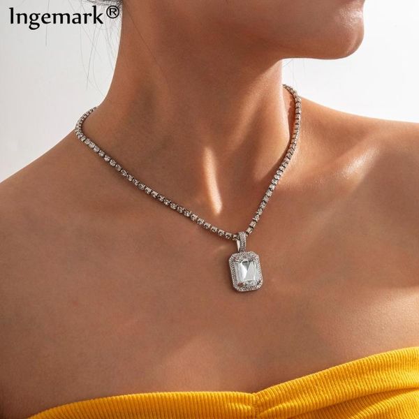 

pendant necklaces vintage iced out rhinestone choker necklace women statement blue/pink/yellow crystal long chain christmas neck jewelry, Silver