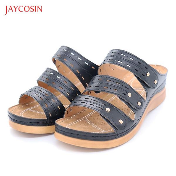 

slippers jaycosin women summer pu leather sandals vintage trible buckle casual sewing shoes female platform shallow sandalias, Black