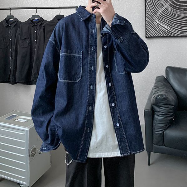 

men's casual shirts denim fashion long sleeve blue color cowboy male cargo camisa masculina clothes big size -4xl v1d7, White;black