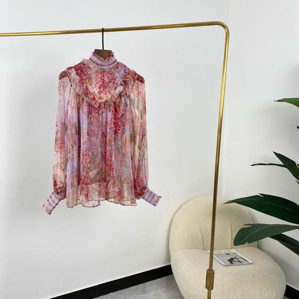 

women's blouses & shirts summer arrivals women fashion 100% silk floral botanical crop print turtleneck long sleeve 2021, White