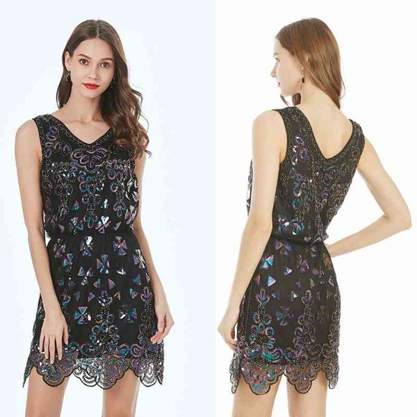 

new dinner dress sleeveless waist skirt sequin floral dress, Black