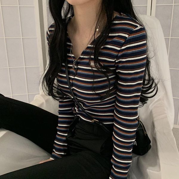 

women's knits & tees women striped cardigan v-neck long sleeve thin sweater e-girl female rib knijackets cardigans spring summer 2021 k, White