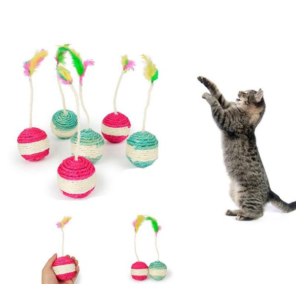 

cat toys pet kitten toy rolling sisal scratching ball funny play dolls tumbler feather drop2