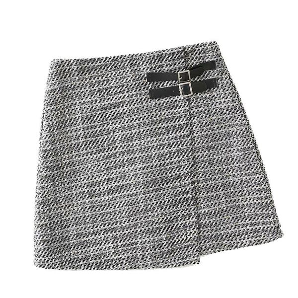 

skirts vintage women's teed mini skirt casual above knee wrap high waist a line short with buckle belt autumn spring wool, Black