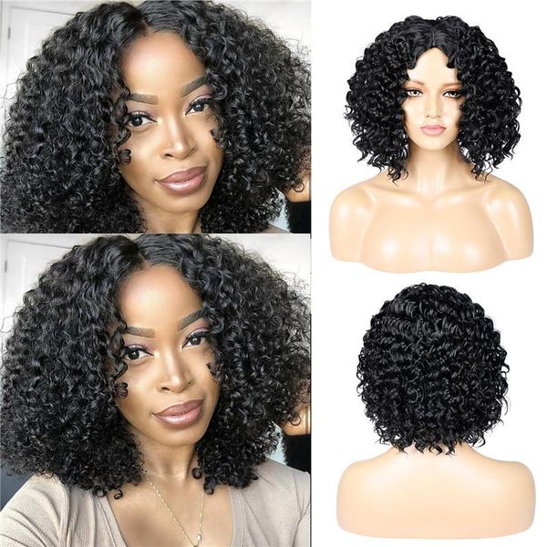 

synthetic wigs 13 inch ladies short black curly wig middle part for women heat resistant fiber daily party use