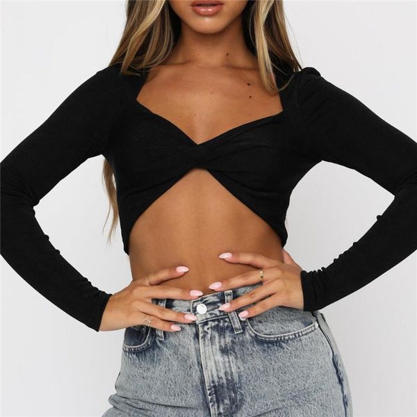 

women's t-shirt 3 color women solid twist front super short fashion long sleeve v-neck high waist slim fit t-shirts 2021, White