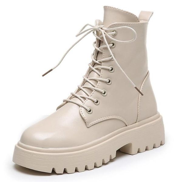 

boots woman leather flat sole shoes women lace up med heel winter autumn white daily short footwear size 35-40 pv6s, Black