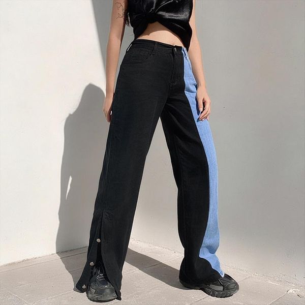 

harajuku denim pants blue womens jeans and black patchwork trousers high waist wide leg pantalon streetwear female