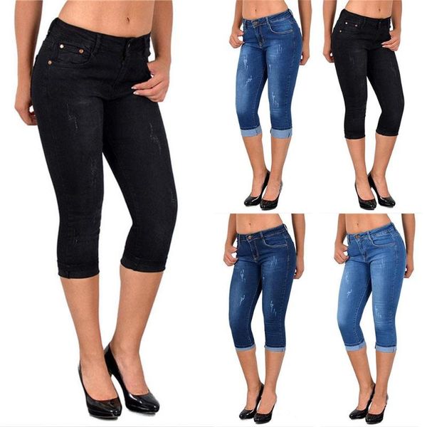 

women's jeans simple flanged design summer stretch denim cropped pants, Blue