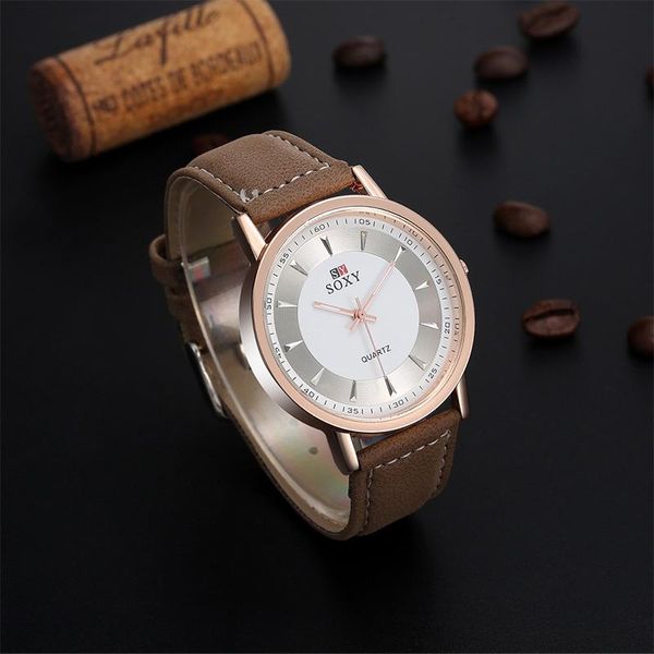 

wristwatches brand soxy watch quartz men brife watches black and white fashion stylish brown band leather elegant wristwatch reloji, Slivery;brown