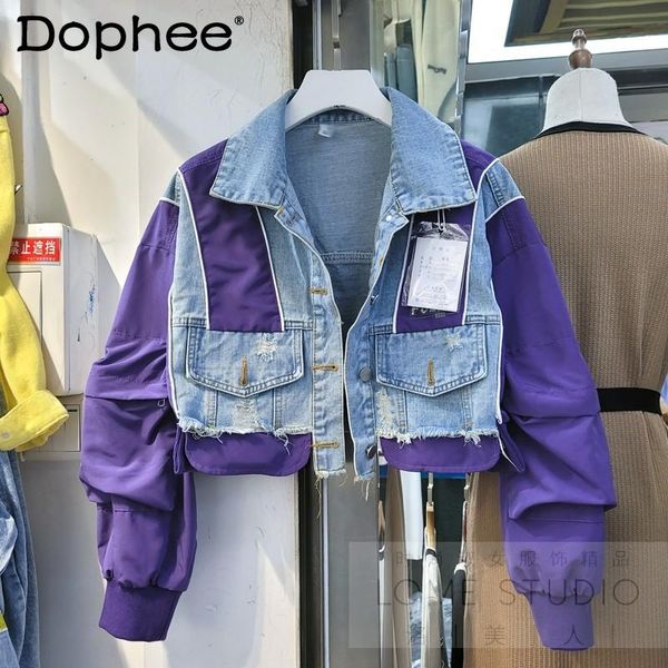 

women's jackets 2021 summer streetwear color contrast patchwork pocket denim jacket coat fashion all-matching crop jean, Black;brown