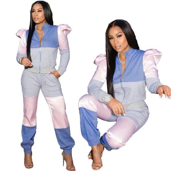

women's two piece pants rstylish casual tracksuit color block long puff sleeve zipper jacket+jogger sweatpant sweatshirt 2 sets, White