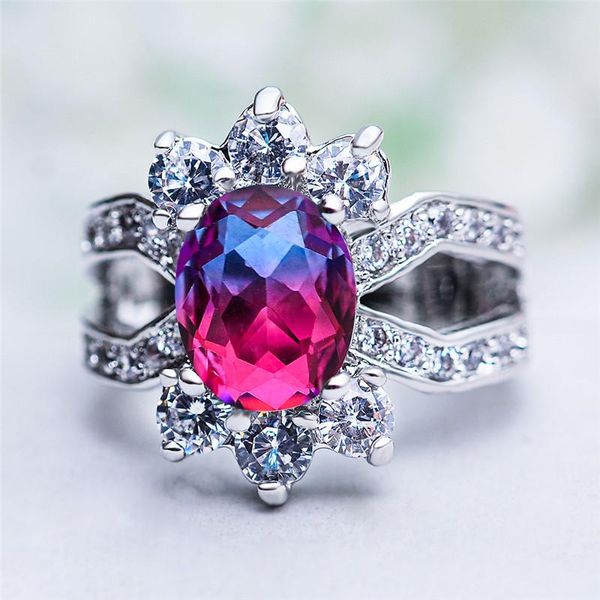 

wedding rings big oval rose red purple zircon flower for women jewelry vintage fashion rainbow crystal stone ring dainty gifts, Slivery;golden