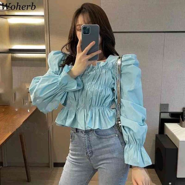 

korean long puff sleeve slim crop blouses women ruffles pleated vintage blusas mujer new summer chic shirt 210417, White