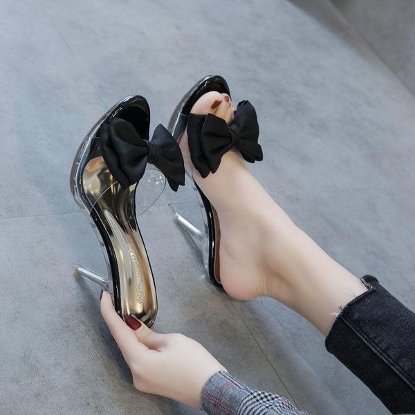 

summer fashion women's high heel slippers crystal clear bow all-match women sandals ladies party heels, Black