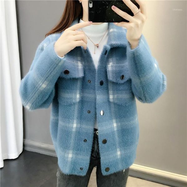 

women's wool & blends autumn winter thick mink cashmere woolen coat women short plaid outerwear 7 color loose pocket long sleeve jacket, Black