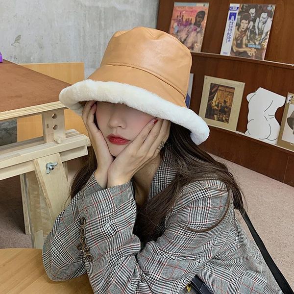 

wide brim hats winter fisherman hat women's pu leather panama thick warm plush casual adjustable bob, Blue;gray